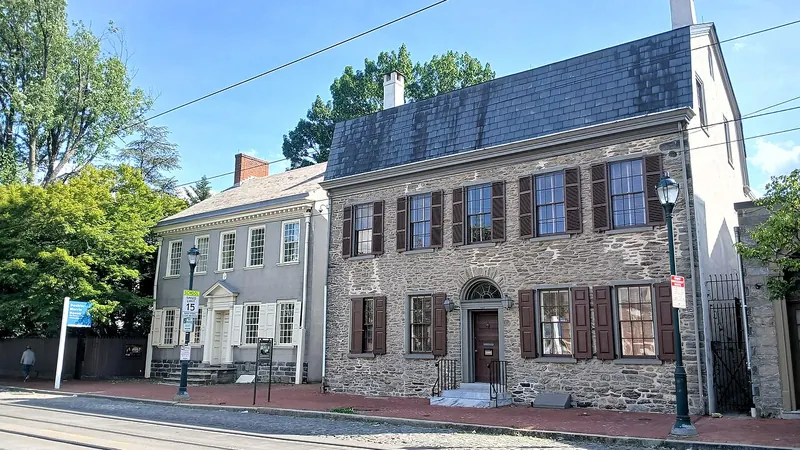 Historic stone houses along a street in Germantown, Philadelphia